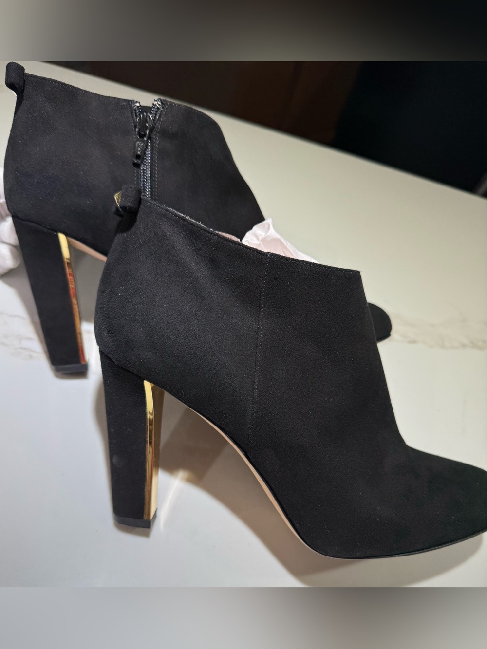 KATE SPADE 4” Heel Leather Suede Booties Black Gold Inside Heel, Size 11B